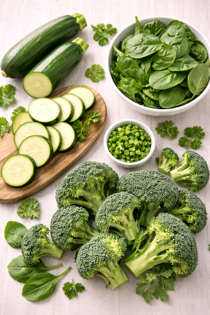 brócolis abobrinha e espinafre como legumes de baixo carboidrato

