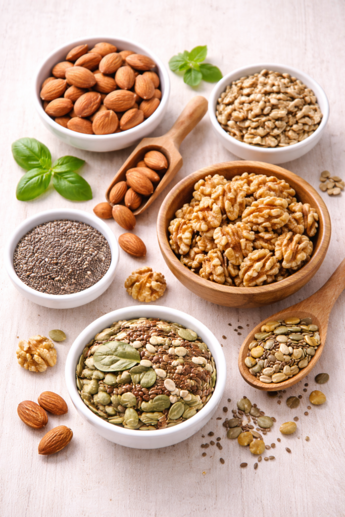 amêndoas nozes e sementes de chia como lanche saudável
