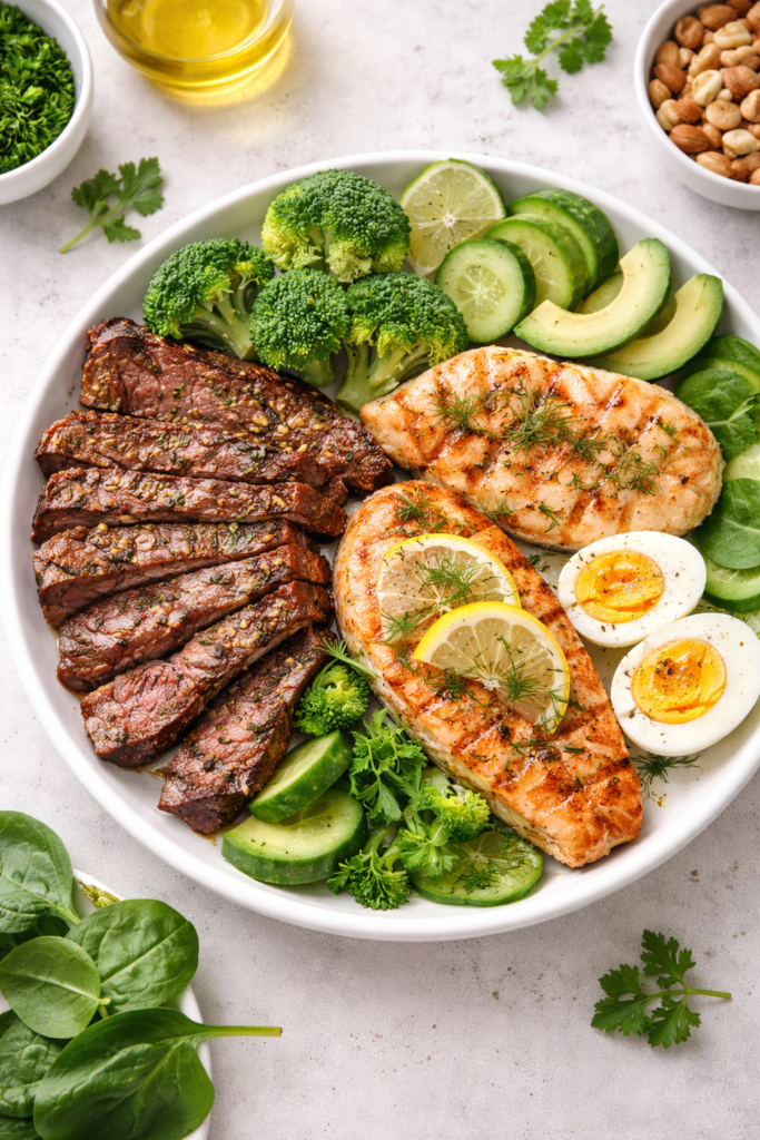 prato com carne grelhada frango peixe e ovos